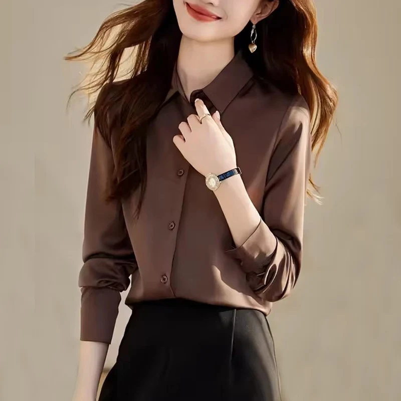 

Простота, офисные женские атласные рубашки в стиле OL, модные женские блузки, новинка 2025, женская одежда, топы с длинными рукавами, Blusas Mujer