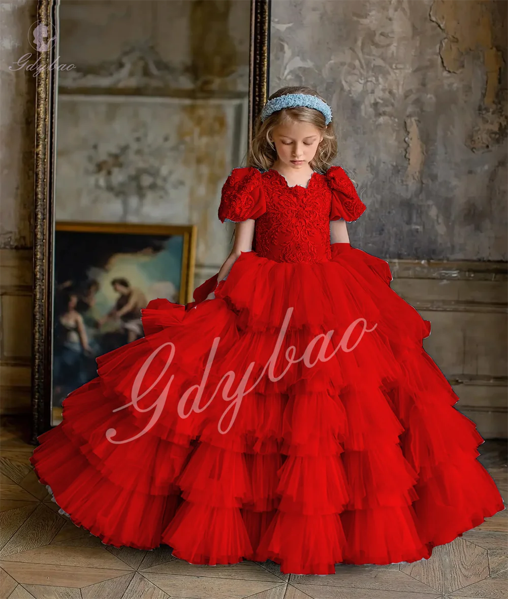 Princess Red Wedding Tiered Applique Girls Pageant Flower Girl Dress For Weddings  Official Events Customize Gown