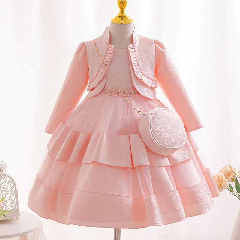 

Girl's pearl embroidered long sleeved princess skirt up Banquet Evening Dress New Year's Day Christmas Performance Dress Birthda
