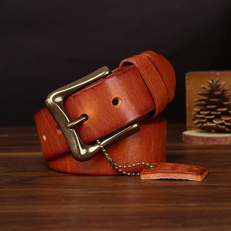 Men's High-end Retro Italian Handmade Top Layer Cowhide Belts Man Genuine Leather Brass Buckle Leisure Style Jeans Strap Belt