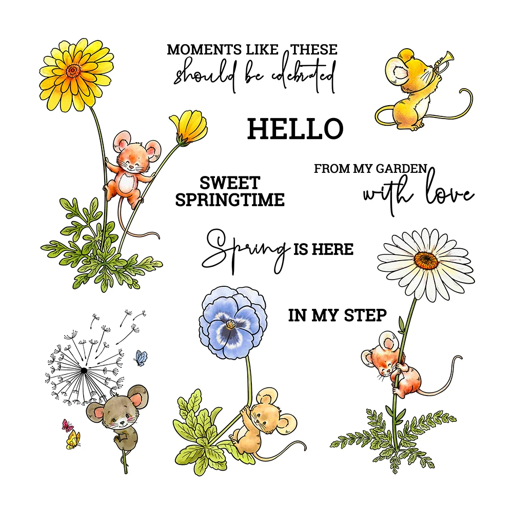 Mangocraft Spring Day Flowers And Mouse Cutting Dies Clear Stamp DIY Scrapbooking Metal Dies Silicone Stamps For Cards Albums
