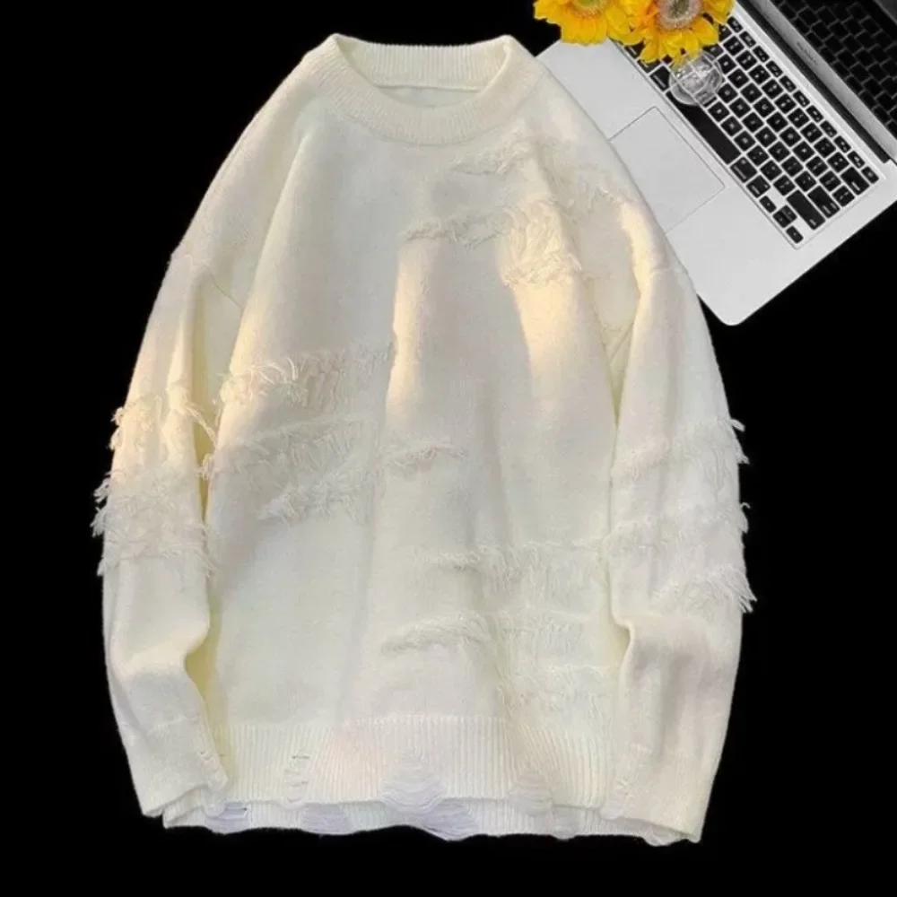 Men Flat Knitted Sweaters Long Sleeve O Neck Pullovers Print Jumpers Loose Fit Casual Sweater 2025 Winter Slight Strech Hole