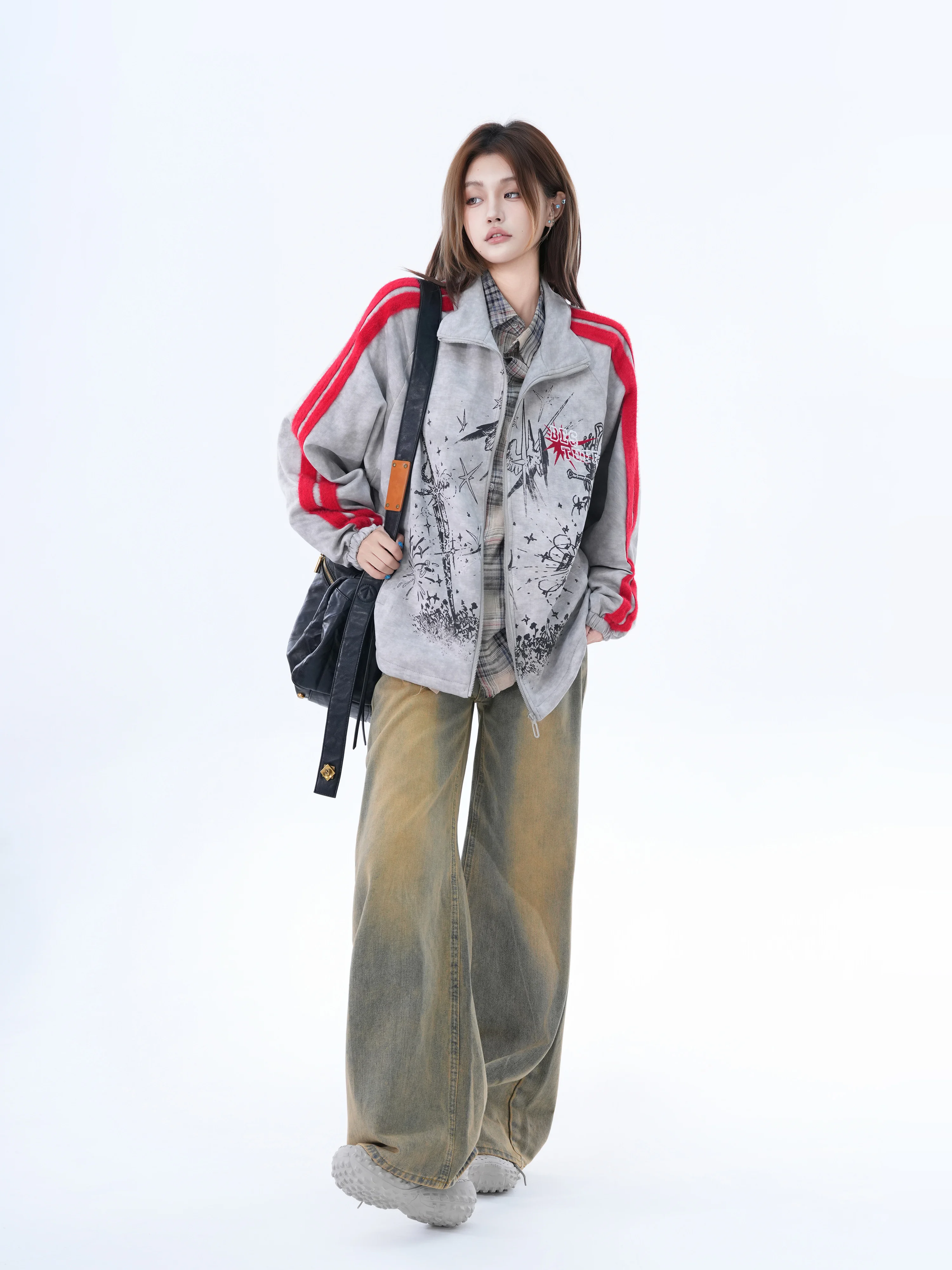 

American Retro Color Block Zipper Jacket Women's Loose Casual Versatile Baseball Uniform Short Outerwear Commute Style