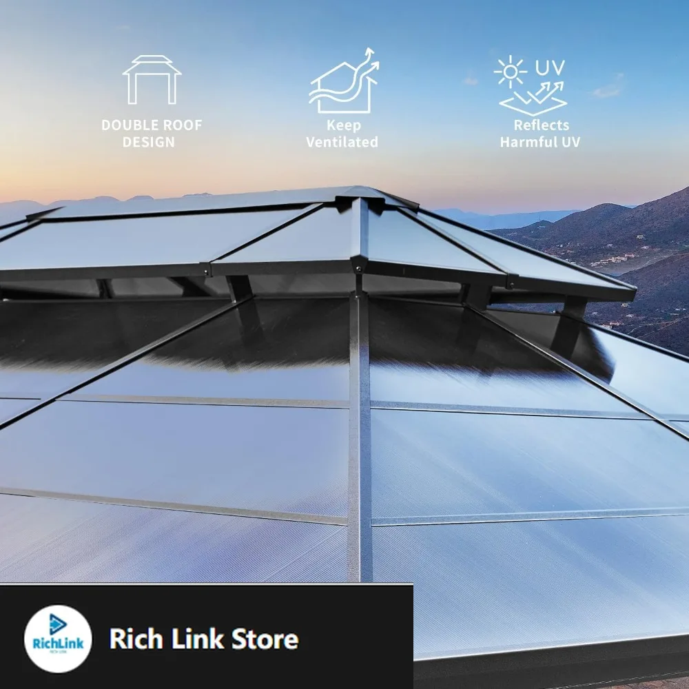 

10'x13' Hardtop Gazebo, Outdoor Polycarbonate Double Roof Canopy, Aluminum Frame Permanent Pavilion with Curtains and Netting,