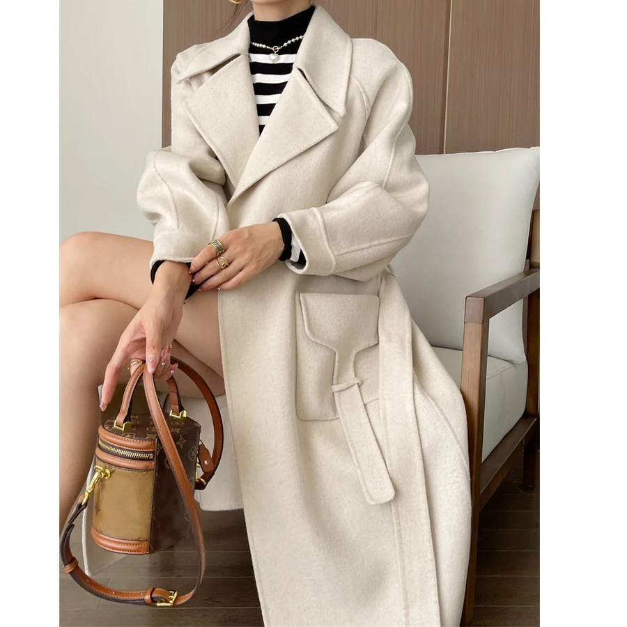 Promotion 2023 Autumn 100% Wool Coats Women Turn Down Collar Long Coats With Belt Women Woolen Coat Veste Femme Tops