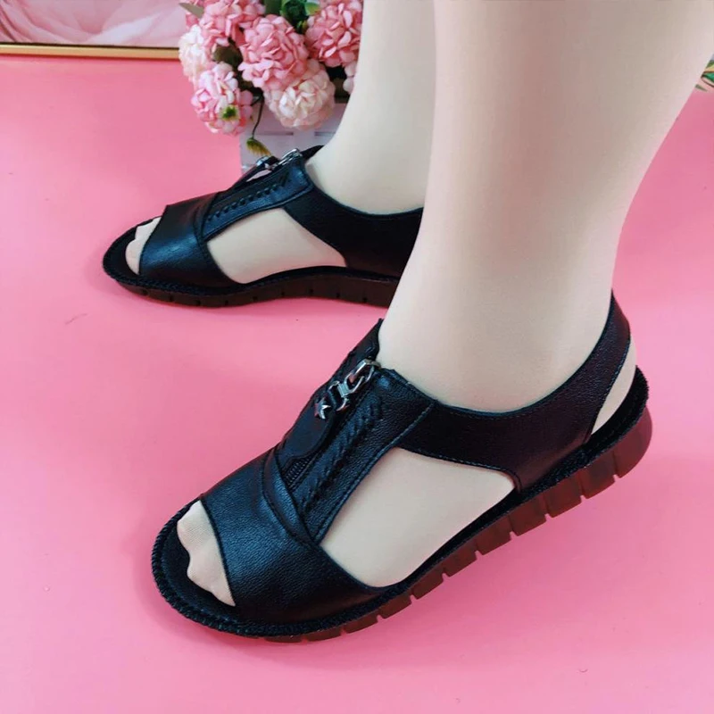 Women Pu Leather Sandals Comfort Summer Zipper Flat Solid Color Plus Size Comfy Sandalias Fashion Sandalias De Mujer