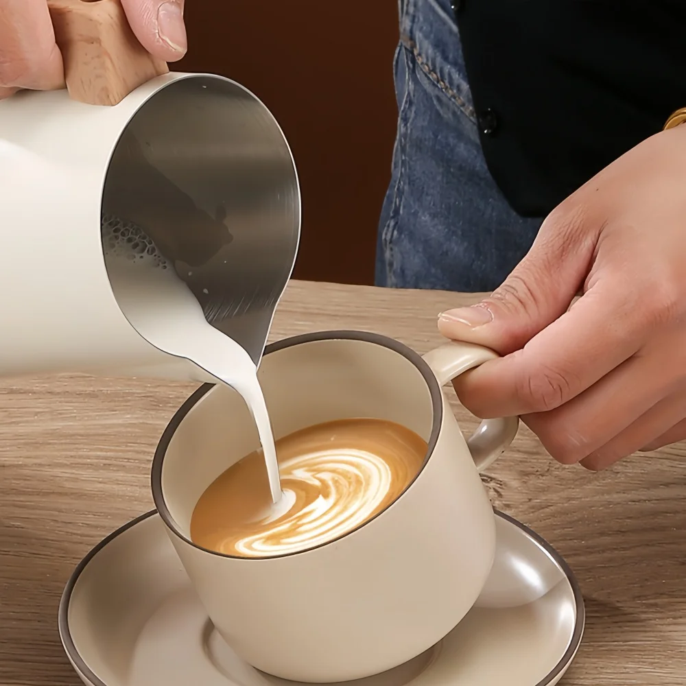 

304 Stainless Steel Coffee Milk Frothing Pitcher Jug Precision Scale Anti-scald Wood Grain Handle Professional Coffee Utensils