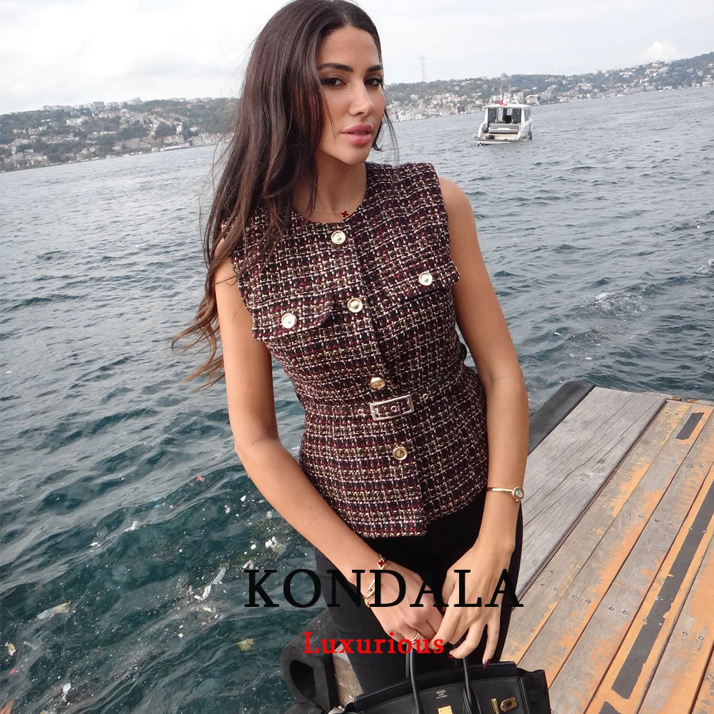 KONDALA Office Lady Twist Plaid Waistcoats Women O Neck Single Buttons Sashes Sleeveless Jackets Fashion 2025 Autumn Elegant Top