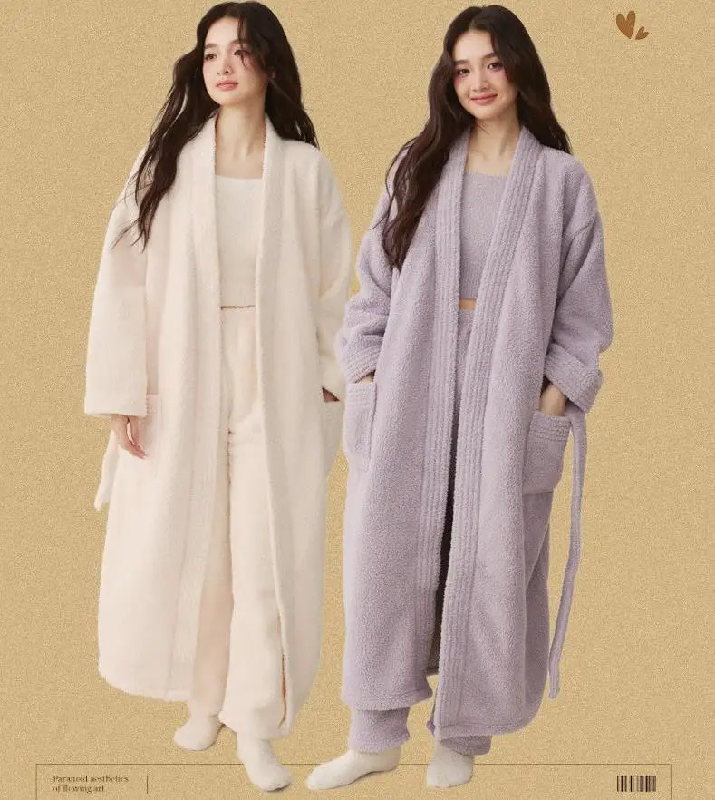 New Arrival Sleepwear Sets 3PC Robe Pants Thickened Flannel Pajamas Couple Bathrobe Solid Color Lengthed Home Clothes Night Robe