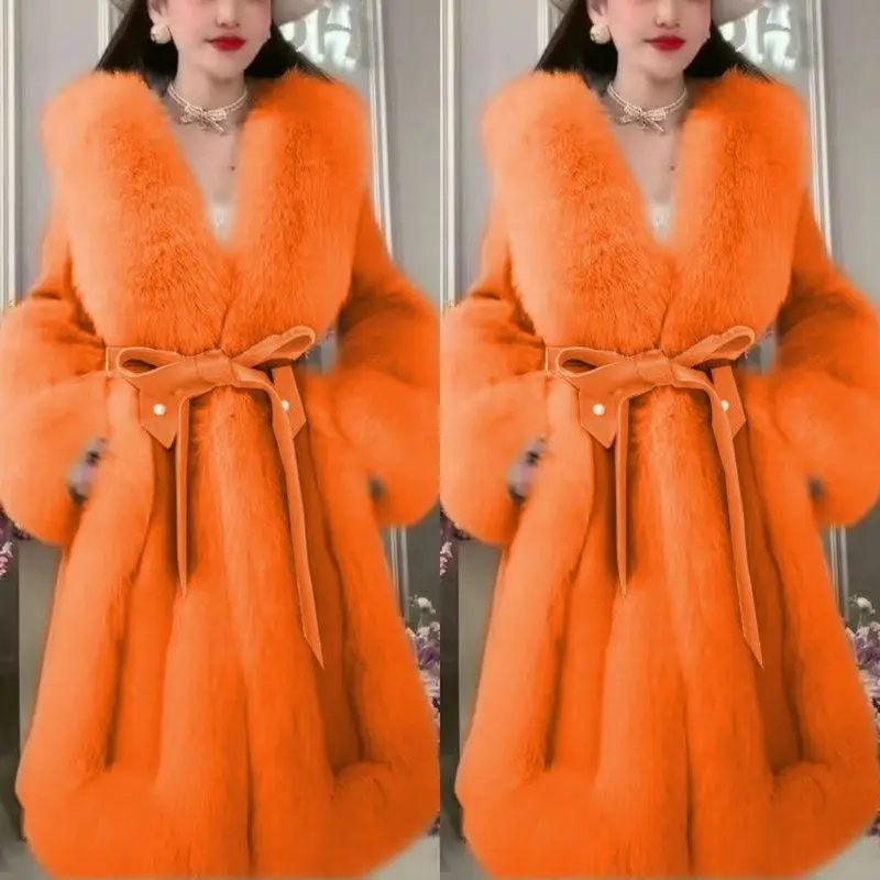 2023 Winter New Women Big Fur Collar Parkas Long Sleeve Mink Fur Fox Outwear Prevent Fur Overcoat Belt Slim  Faux Fur Coat