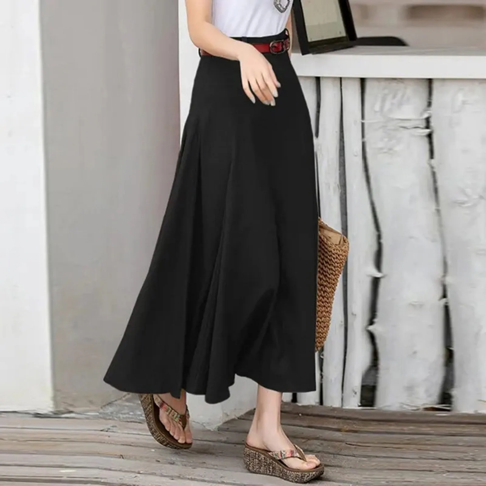 Elegante 2024 Zomer Casual Midi Rokken Vrouwen A-Lijn Oversized Patchwork Rok Effen Kleur Onderkant Dames Rits Hoge Taille Rok