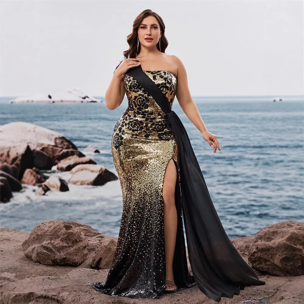 Middle East European and American plus Size Elegant Sequin Stitching Shoulder Slit Cocktail Party Dinner Dress Mom