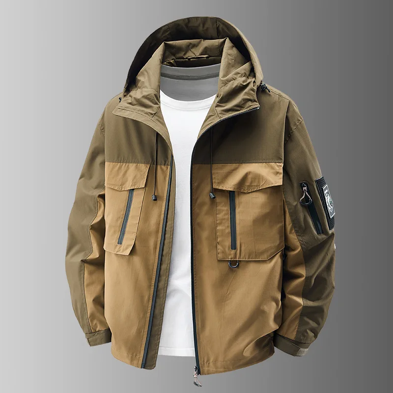 New Fashion Men Outdoor Hooded Multi-pockets Loose Cargo Coats Man Trendy Casual Tooling Jackets Male Windproof Jackets Size 6XL