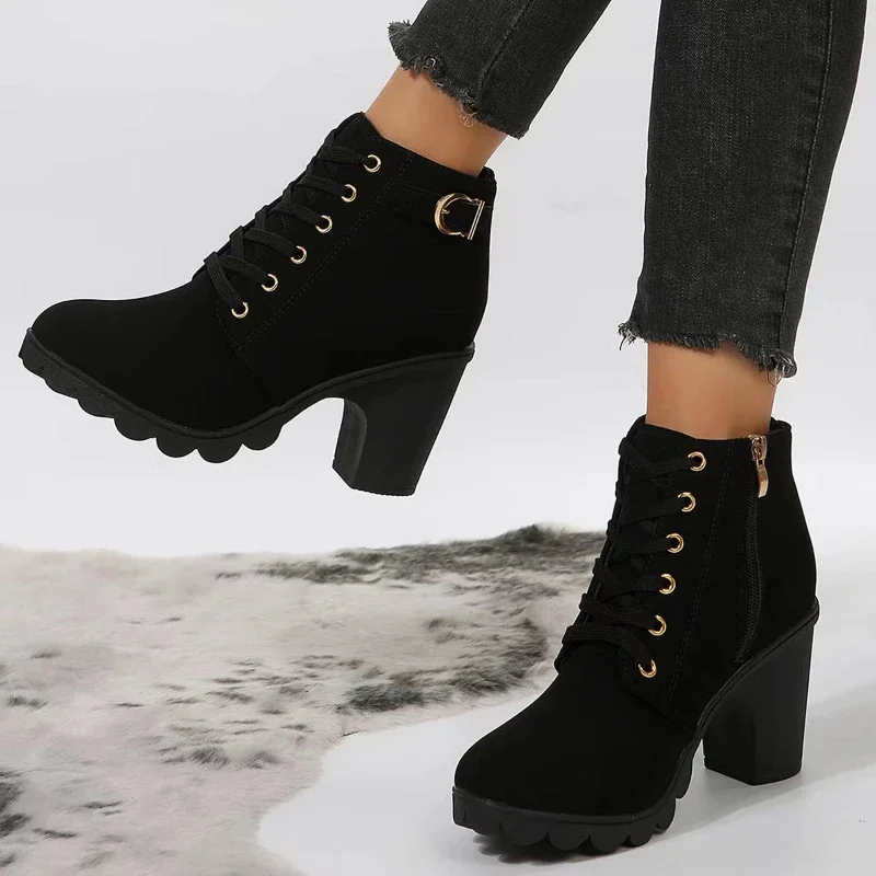 Spring style thick heel short boots women lace up round toe women boots frosted shoes women thick high heels botas mujer botines