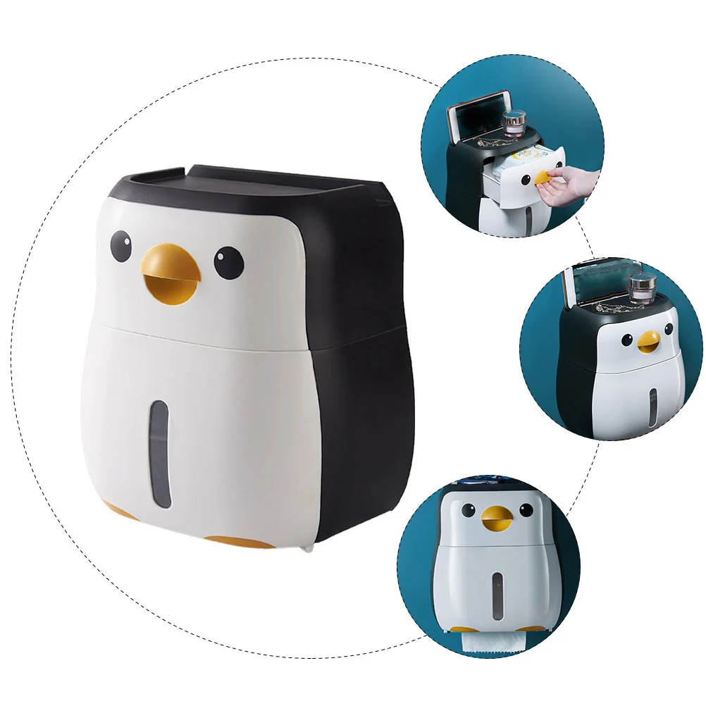 

Cute Penguin Tissue Box Plastic Paper Tissue Holder Black White Simple Design Multi-Purpose Bathroom Decor Paper Holder