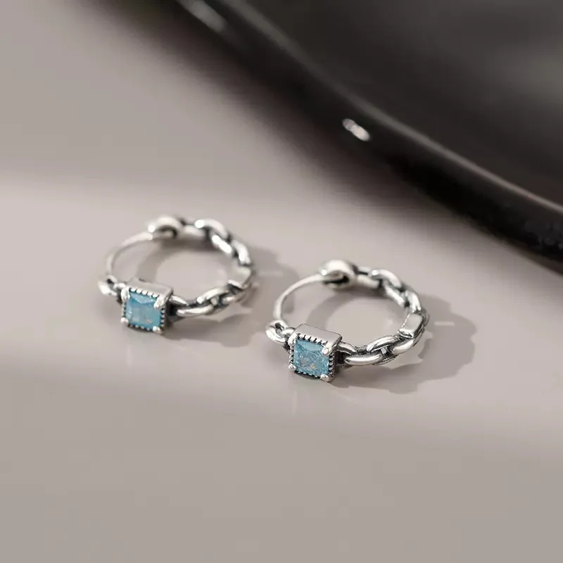 New gorgeous blue zircon hoop earrings vintage silver color wedding earring classic round small circle earrings women jewelry