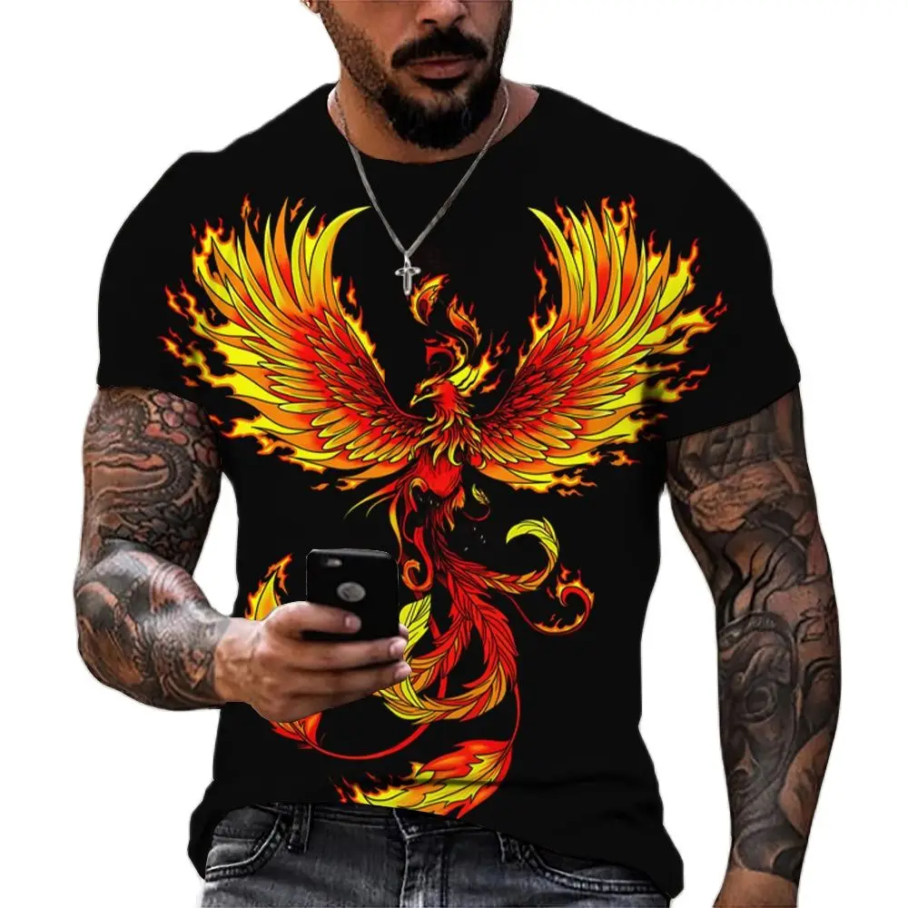 Summer Bathing Phoenix Pattern Printed T-shirt Street Retro Fashion Round Neck Top Trend Personalized Men Short Sleeve Clothing