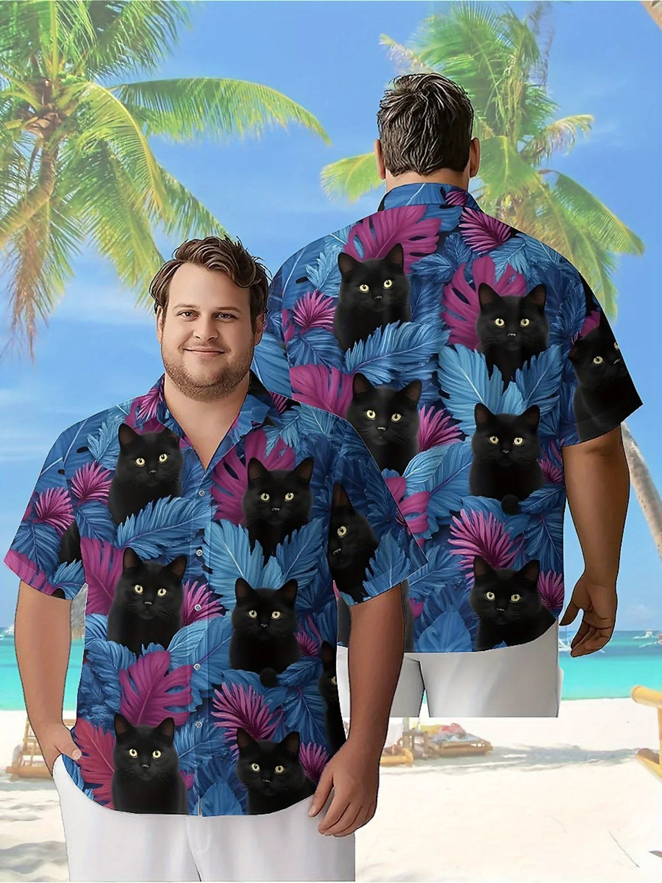 Men's Plus Size Hawaiian Shirts Mysterious Black Cat Jungle Print Pattern, Button Up Shirts, Unisex Casual Clothing, Summer Tops