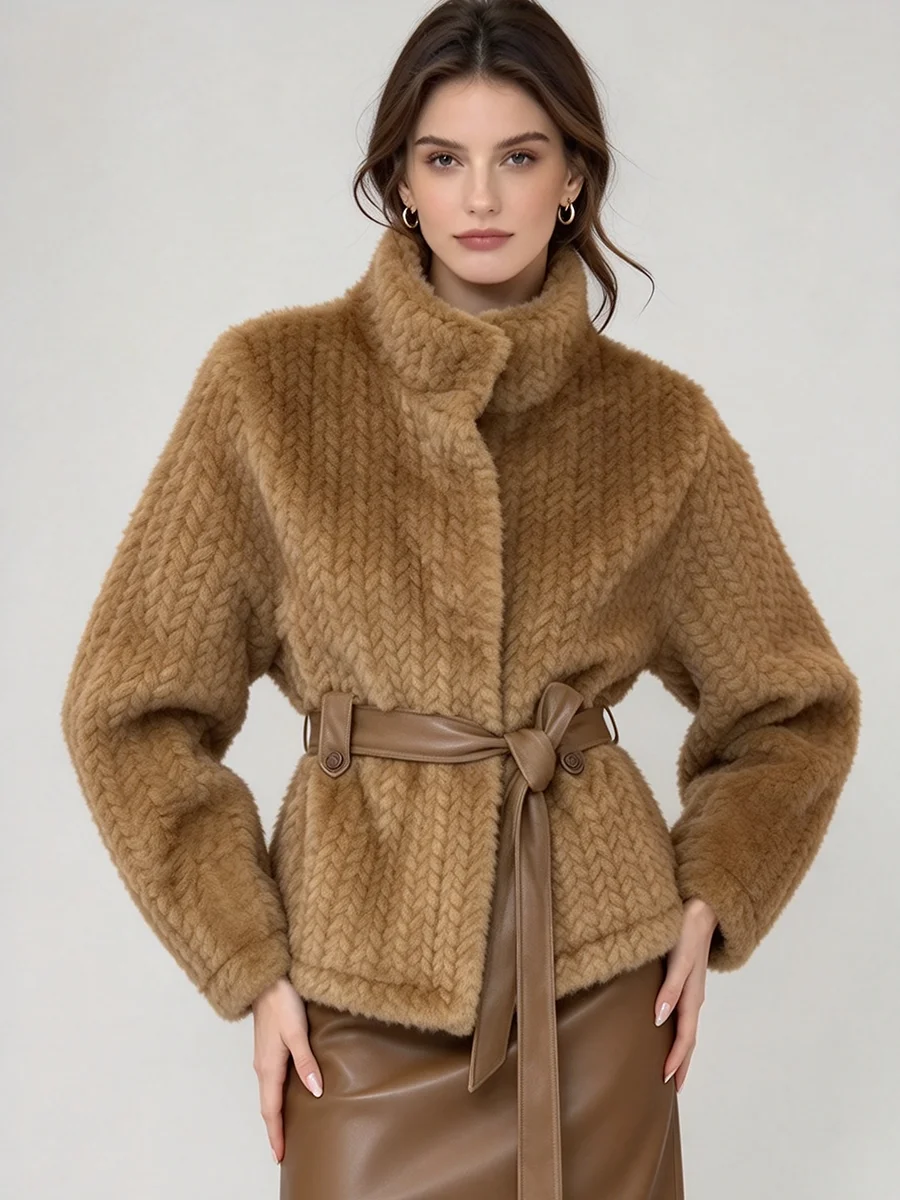 Women Faux Fur Short Coat Stand Collar Belted Waist Warm Winter Jacket
