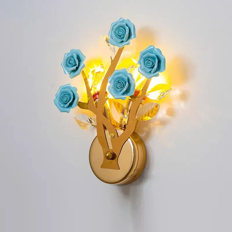 SAMAN Contemporary Crystal Wall lamp Creativity Ceramics Rose Blossoms Living Room Bedroom Girl's room Villa LED Bedside Light