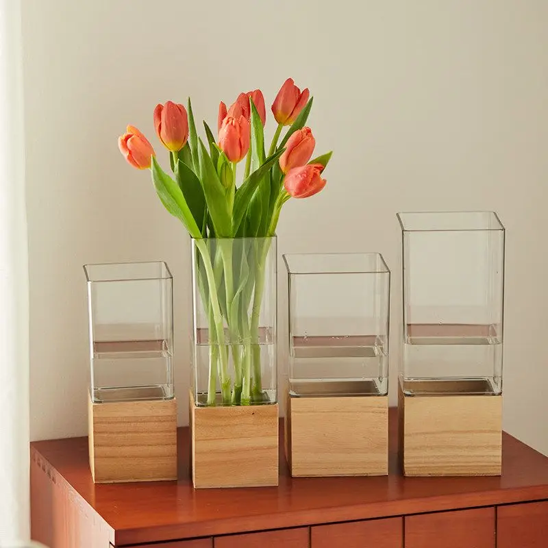 Square Clear Glass Vase With Solid Wood Base Multi Size Minimalist Modern Home Decor For Flower Arrangement Centerpiece