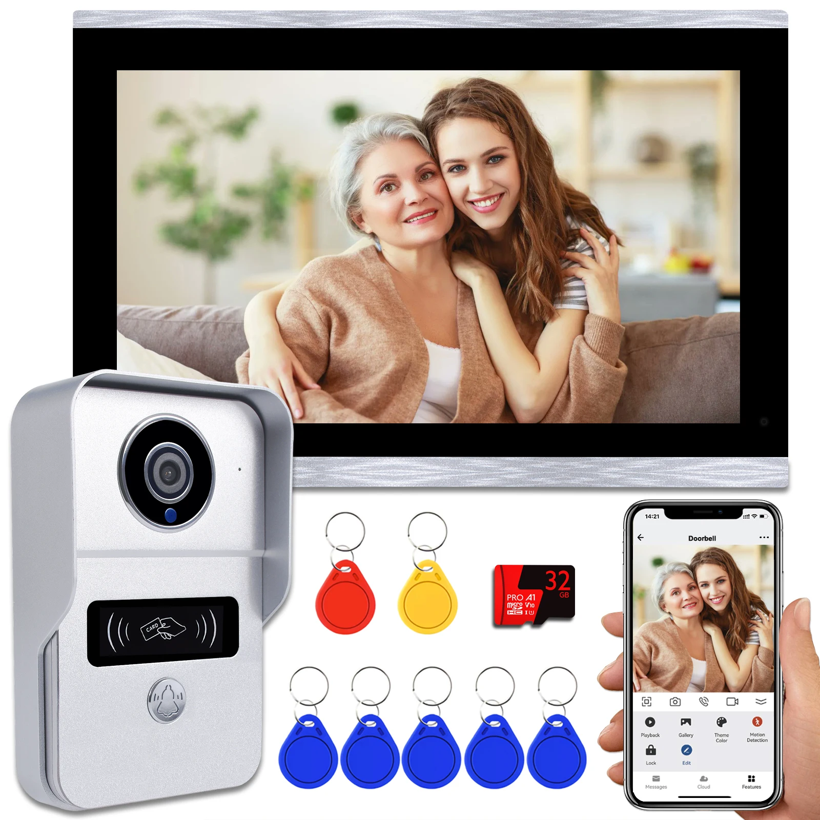 1080P 10 Inch Touch Screen Wifi Video Doorbell, Smart TUYA Home Video Intercom 32G Card Rceord Kit Motion Detection ID Unlcok