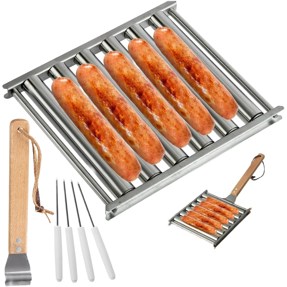 

For Camping For Outdoor Gatherings Hot Dog Roller Sausage Grill Sliver Commercial Stainless Steel Wooden Handle With Hook
