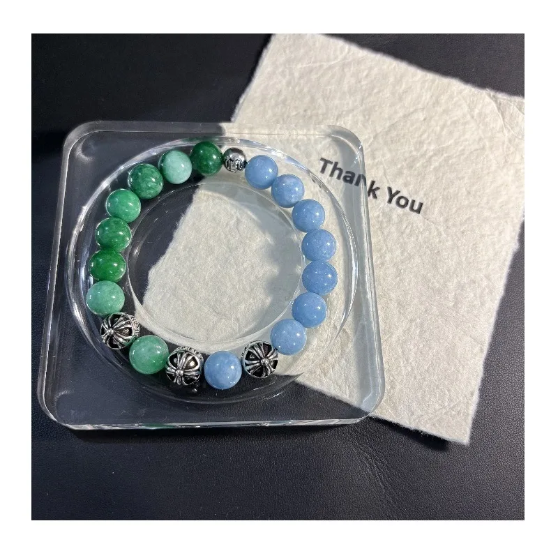 

New Cross Flower Green and Blue Beads Exquisite Versatile Retro Versatile Men and Women Personality Does Not Fade Couple Bracele