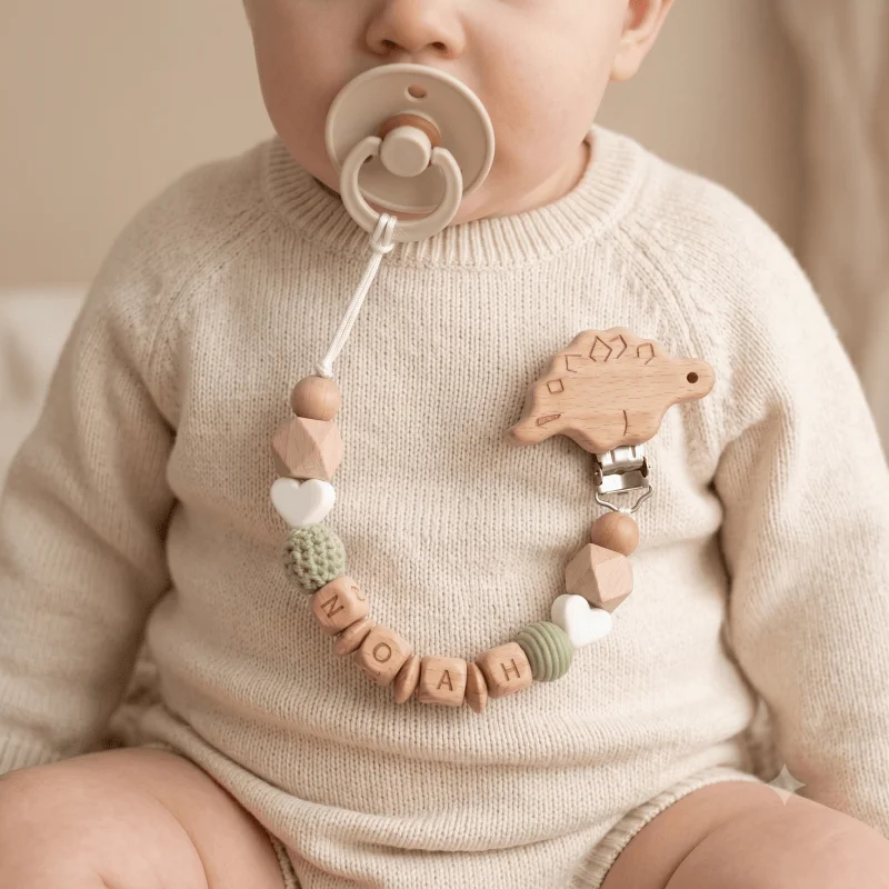 New Personalized Pacifier Clip Custom Name Wooden Dummy Chain Silicone Beads Dinosaur Teether Baby Soother Holder BPA Free