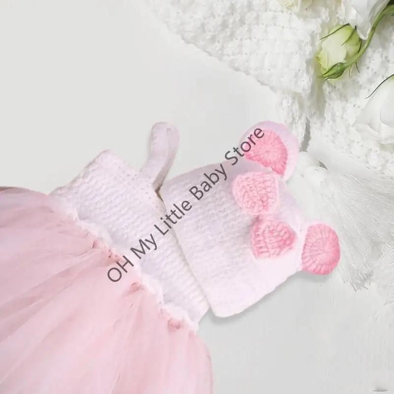 

M76C Деликатное платье из тюля ручной работы для детского вязаного платья с подходящими шляпными фото для новорожденных