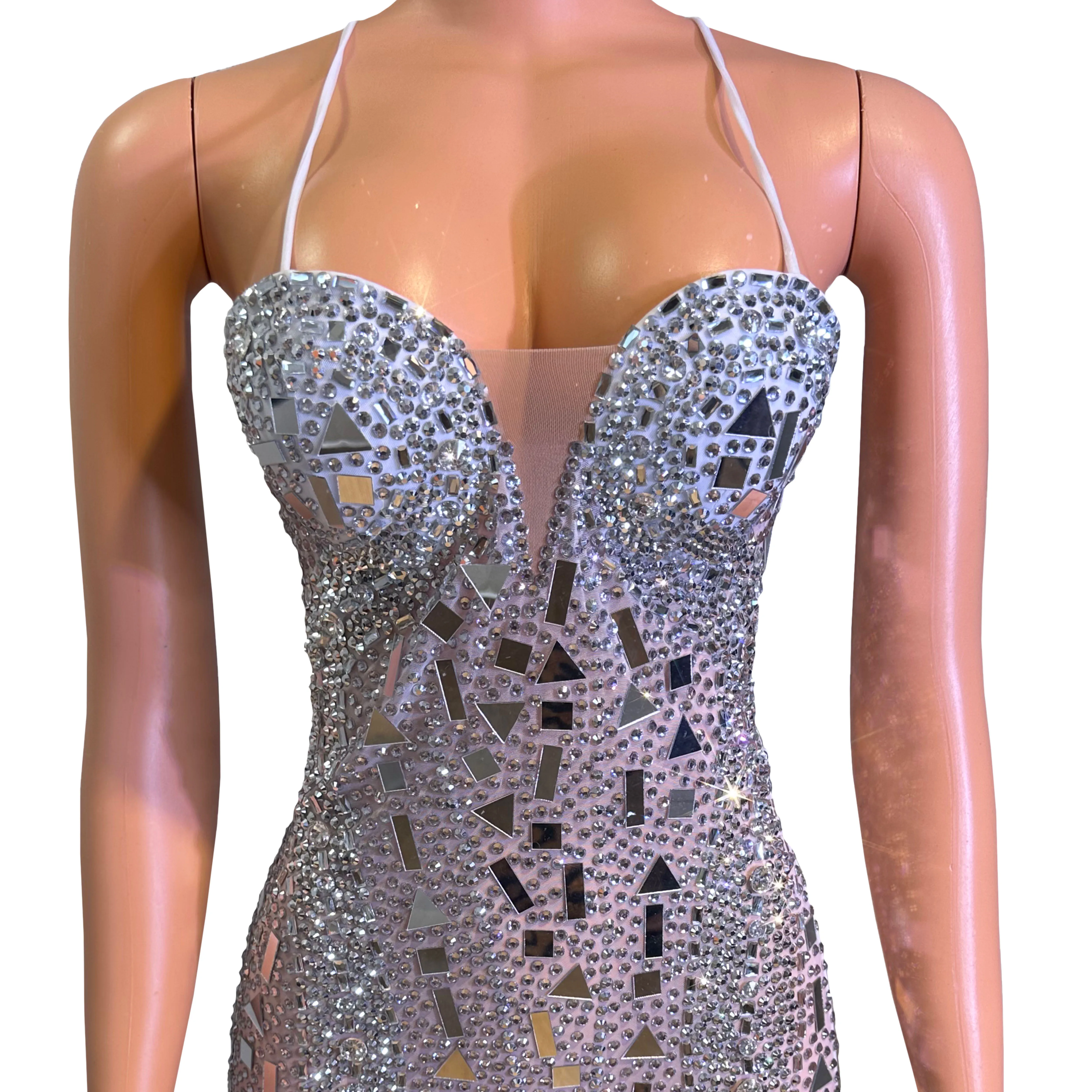 Silver Mirror Rhinestones Tight Short Dress Sexy Women Singer Bar Nightclub Stage Wear Club Party Birthday Cocktail Show Costume