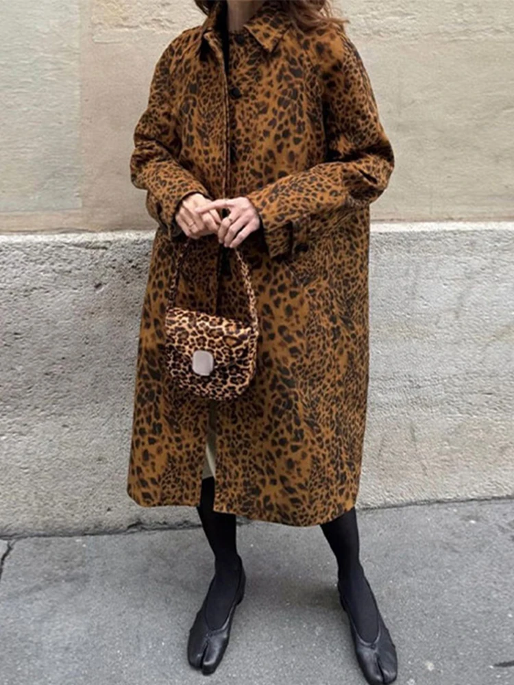 

Fashion Leopard Long Women's Coat Autumn Winter Windproof Jackets Lapel Single Breasted Vintage Ladies Coat Casual Outerwears