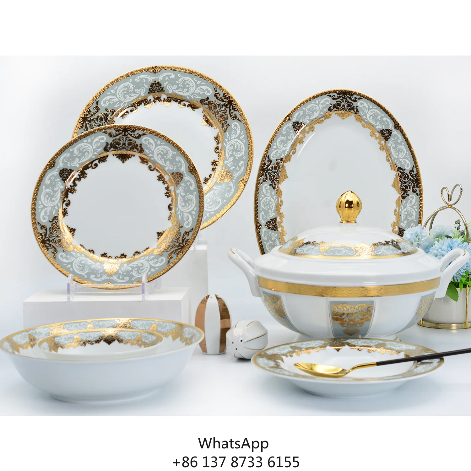 

Embossed Gold Design Dinner Set Porcelain Luxury Bone China Royal Tableware