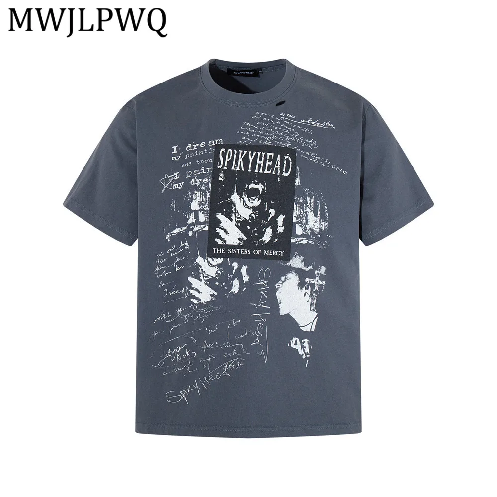 

Мужская футболка MWJLPWQ с коротким рукавом, граффити-принтом, эффектом потертости и вырезами, из хлопка, свободного кроя, летняя, в стиле ретро, трендовая, 14106