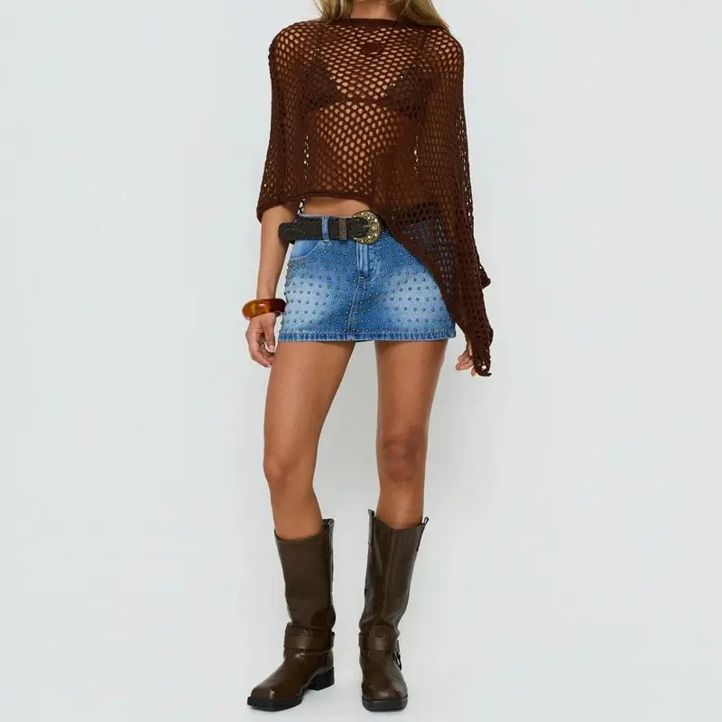 Women's Crochet Poncho Knit Tops Fashion Crew Neck Loose Fit Summer Beach Cover Ups Hollow Out Irregular Hem Pullover