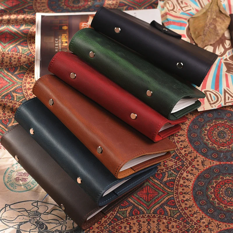 Double Pocket Handheld Ledger Crazy Horse Leather Retro Notebook Detachable Loose leaf Leather Travel Recorder