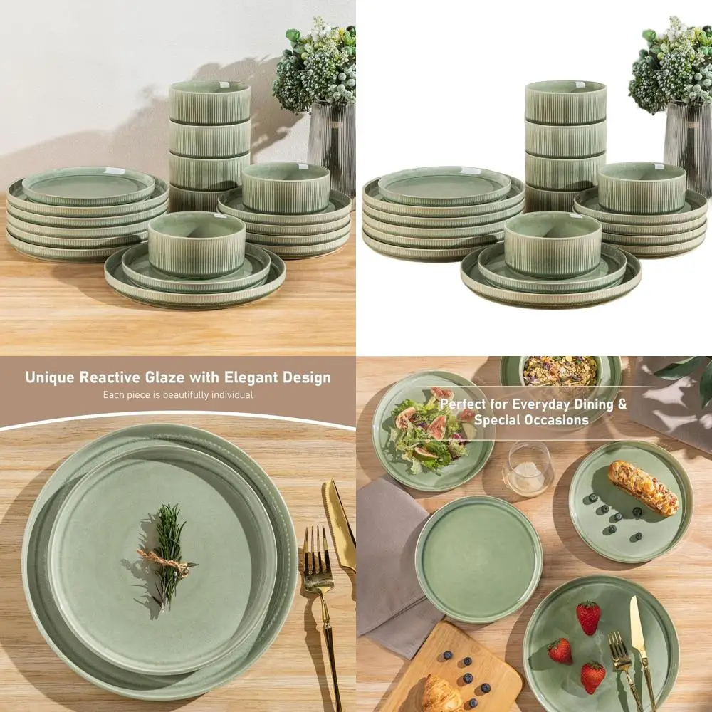 

12-Piece Stoneware Dinnerware Set: Ribbed Plates & Bowls, Light Green, Scratch-Resistant, Microwave & Dishwasher Safe