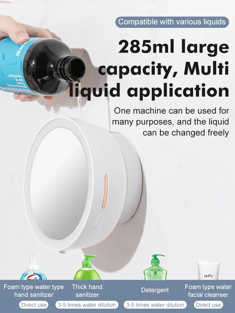 2 In 1  Touchless Electric Foaming Bathroom Use Wall-mounted Hand cleaning Machine Beauty LED Mirror Automatic Soap Dispenser