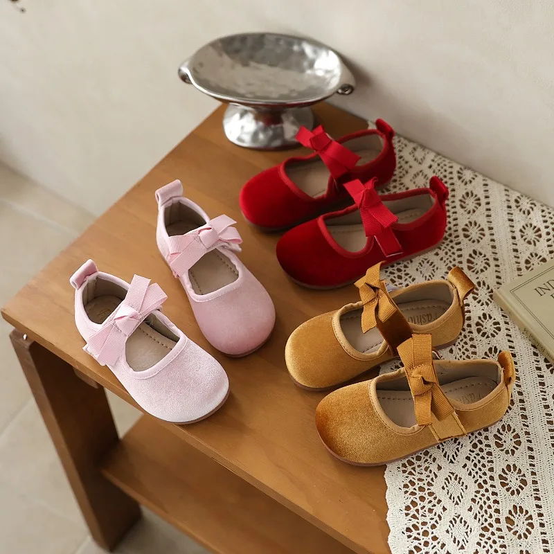 Concise Wide Elastic Band Velvet Ballet Flats Girls Vintage Bow Plain Velour Mary Jane Shoes Baby Child Soft Sole Shallow Loafer