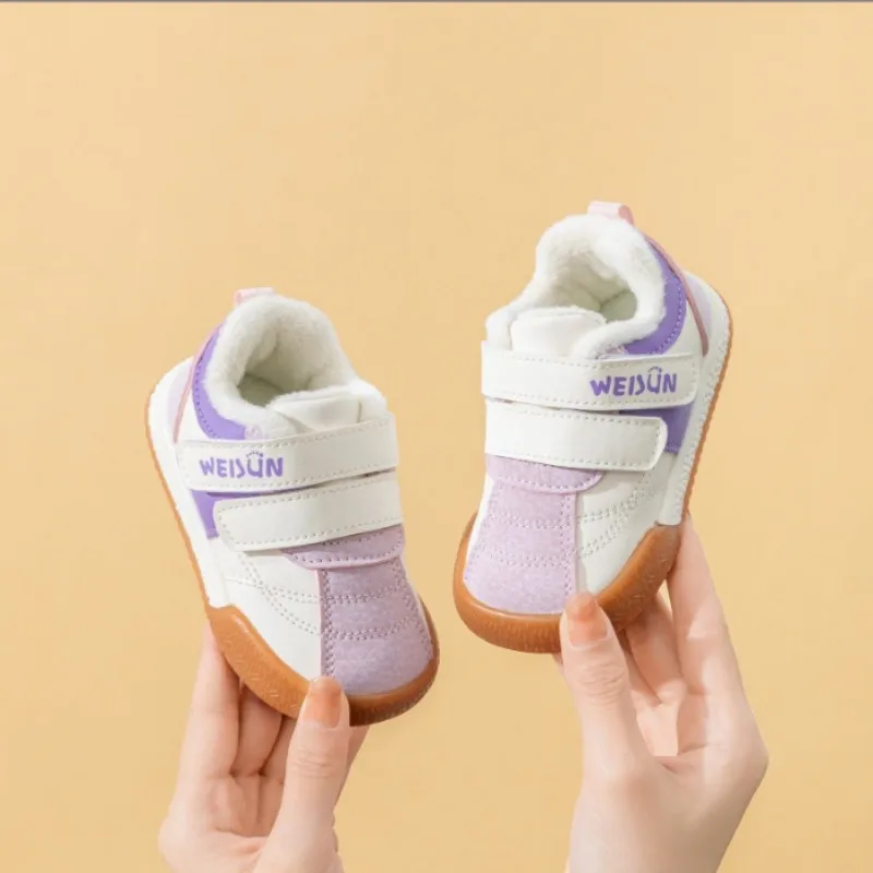 2026 Winter New Baby PU Leather Walking Shoes Girls Casual Cotton Shoes With Anti Slip Fleece Boys Sports Running Shoes 16-26