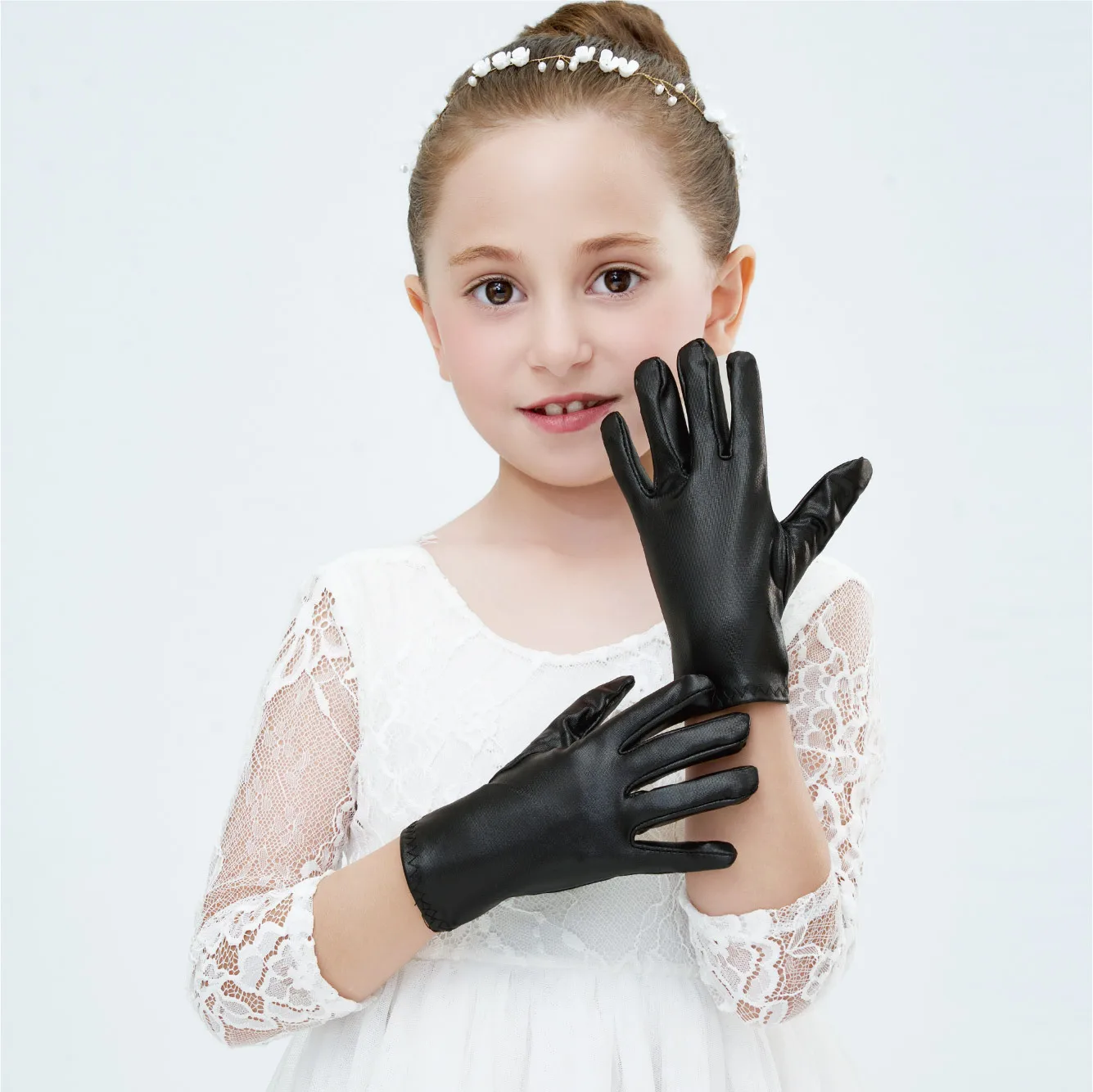 Kids Gloves Patent Leather Shiny Fabric High Elastic Breathable Performance Etiquette Birthday Dance Child Size Lightweight Hue