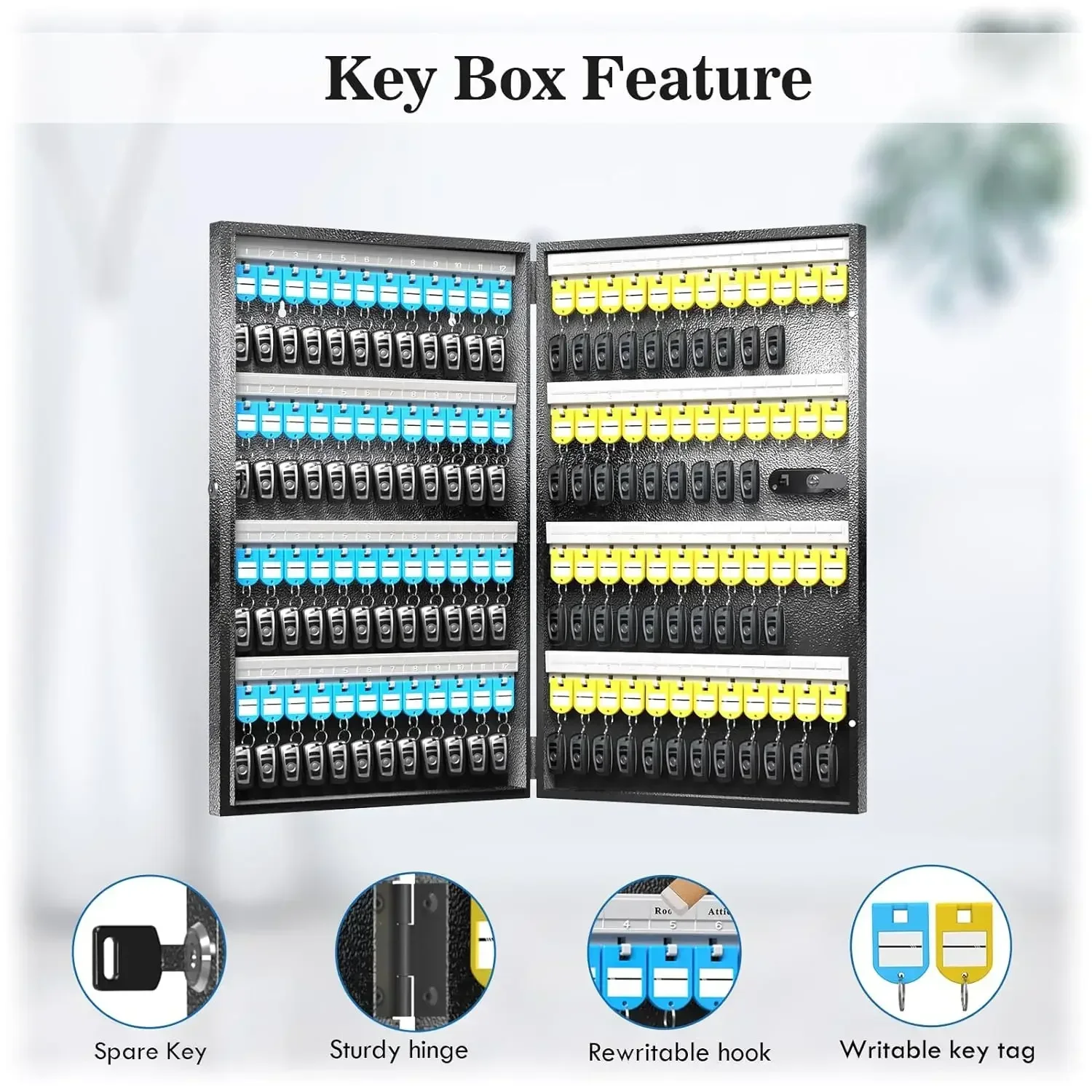WeHere Key Safe Box Wall Mounted (96 Keys), Roller Mechanical Password Lock,key Cabinet with Combination Lock and 96 Key Labels