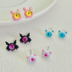 New Silver Needle Cartoon Cute Little Monster Cat Eye Stone Earrings Niche Design Sense Of Childish New Wave Earrings