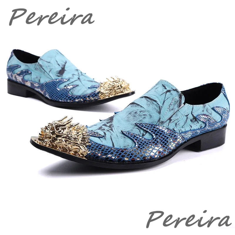 

Golden Dragon Head Men's Loafers Blue Mixed Colors Slip-On Wedding Shoes Pointed Toe Genuine Leather Party Dress Shoes Big Size