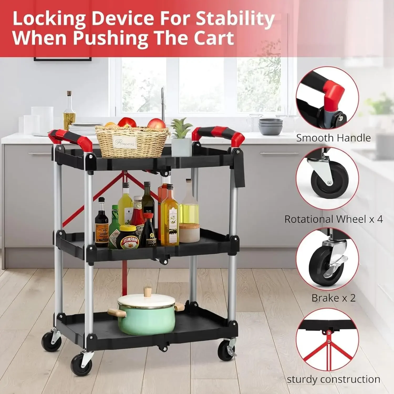 3-Tier Rolling Tool Cart w/Lockable Wheels, Foldable Utility Service Cart, 165LBS Heavy Duty Plastic Rolling Cart, Portable Fold