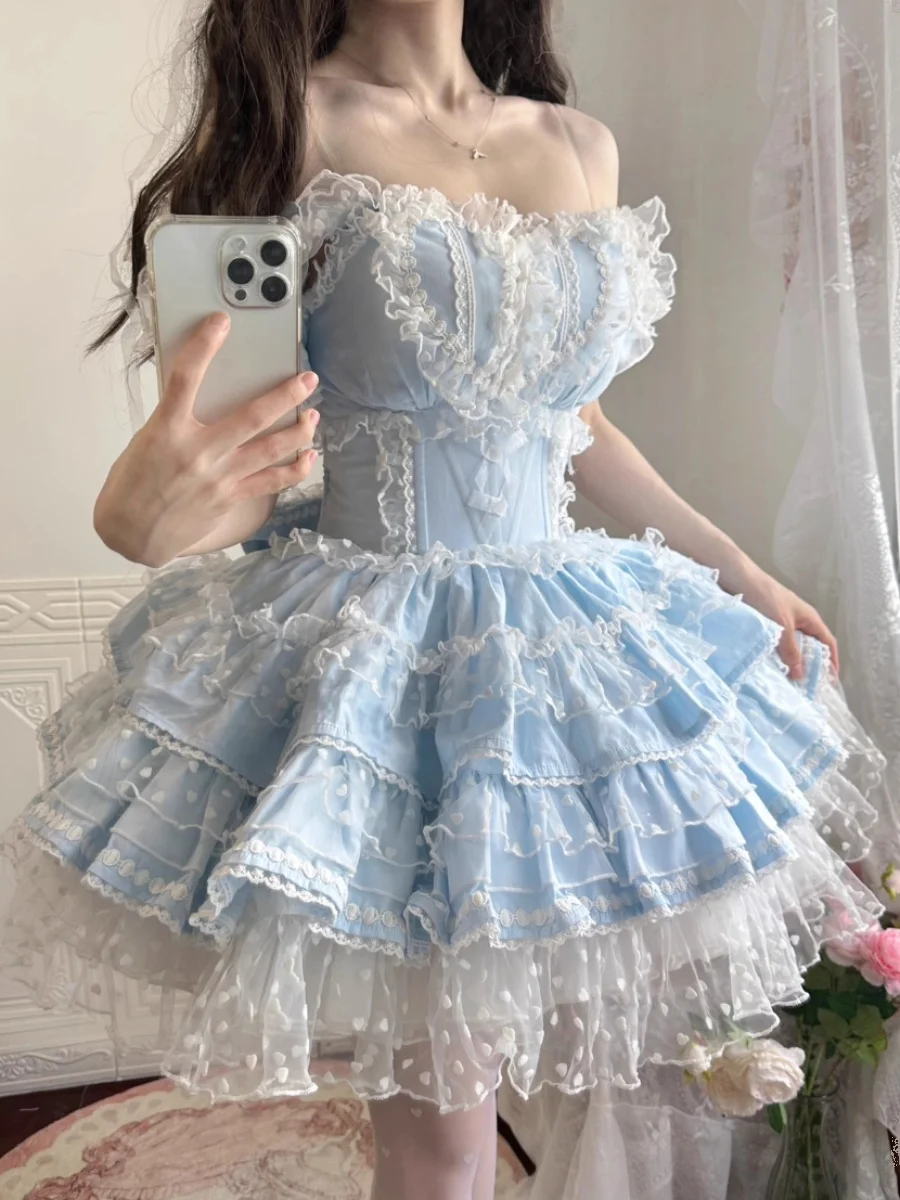 Original Lolita Girl Women\'s JSK Dress New Spring Summer Multicolor Lace Patchwork Slim Princess Short Dresses