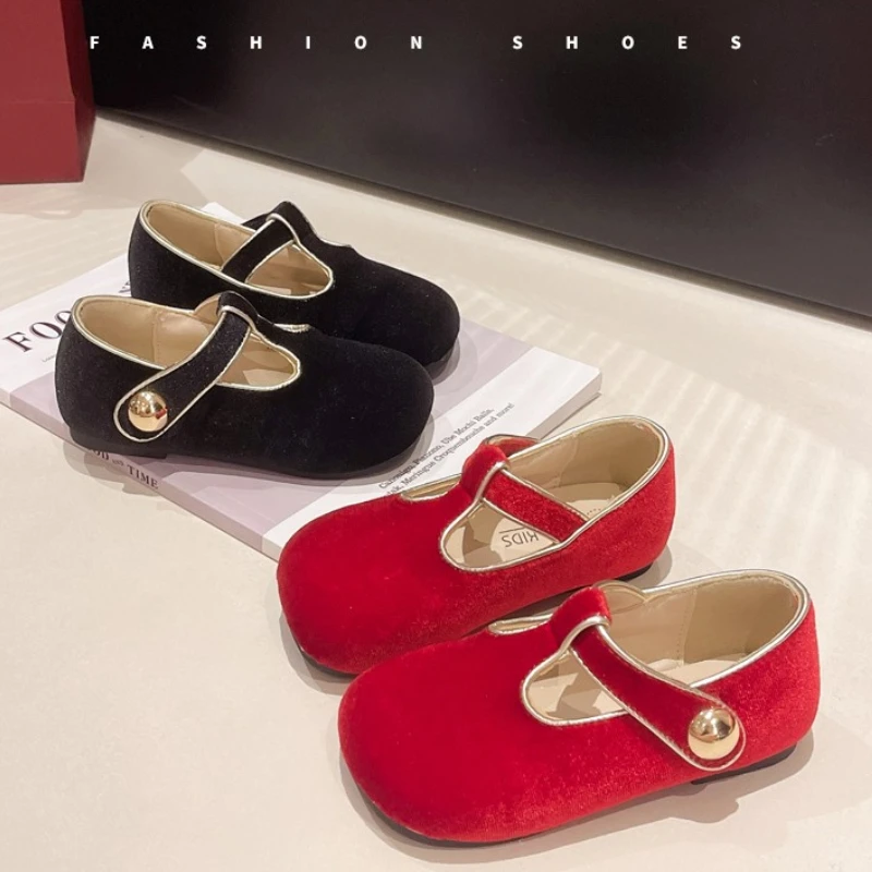 Mary-Chaussures à essence en velours pour filles, chaussures plates pour enfants, robe de soirée vintage, rouge et noir, chaussures de Noël pour enfants, bébé fille