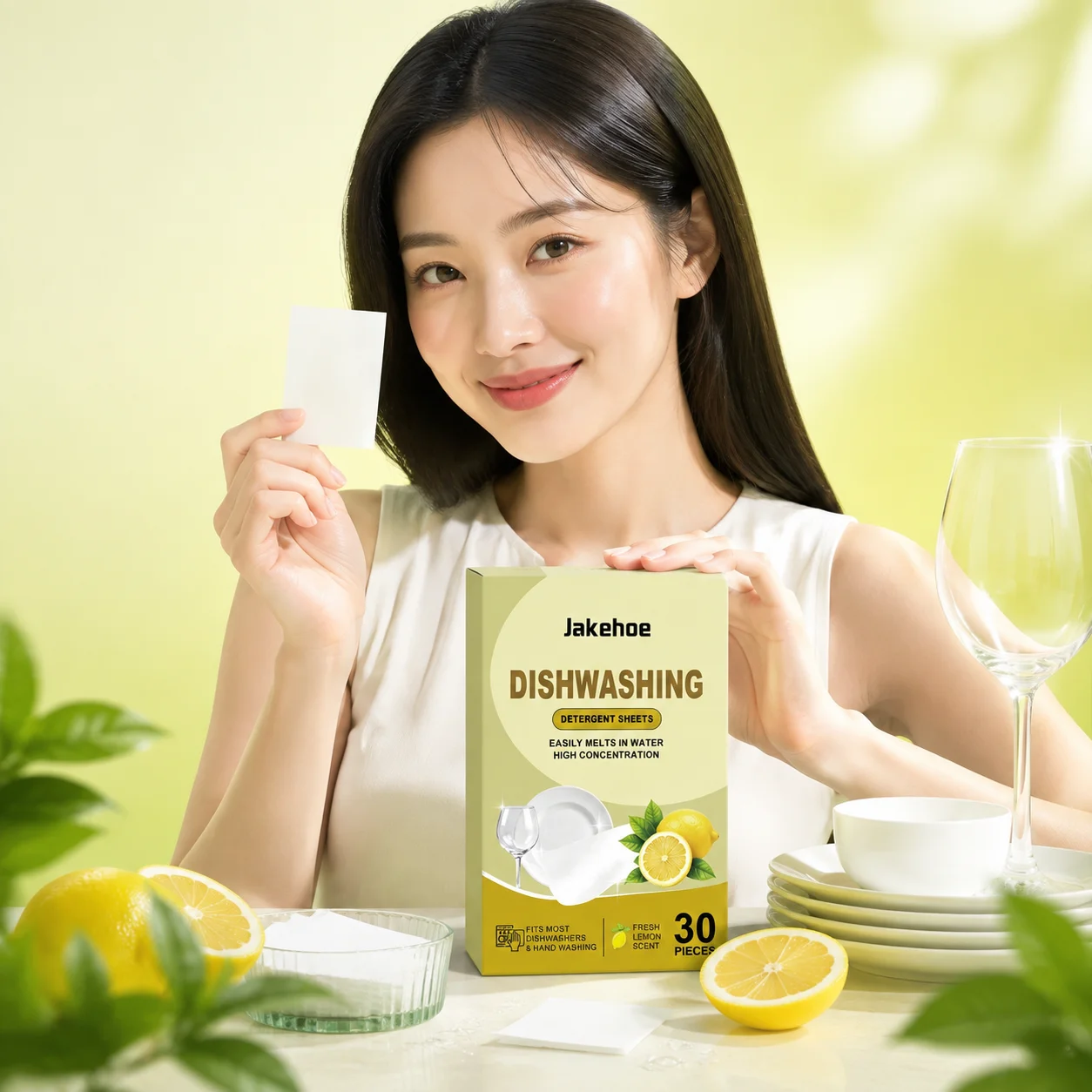 Jakehoe Dishwashing Detergent Sheets Cookware Oil Stain Remover Household Eco-Friendly Lemon Scent Dishwasher Detergent Sheets