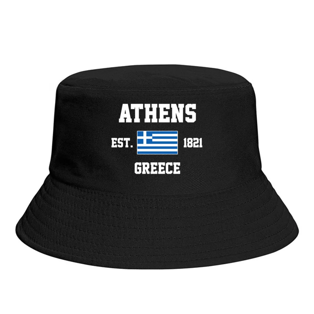 Bucket Hats  Greece EST.1821 Athens Emblem Flag Sun Shade Cool Outdoor Summer Fisherman Caps Fishing Hat