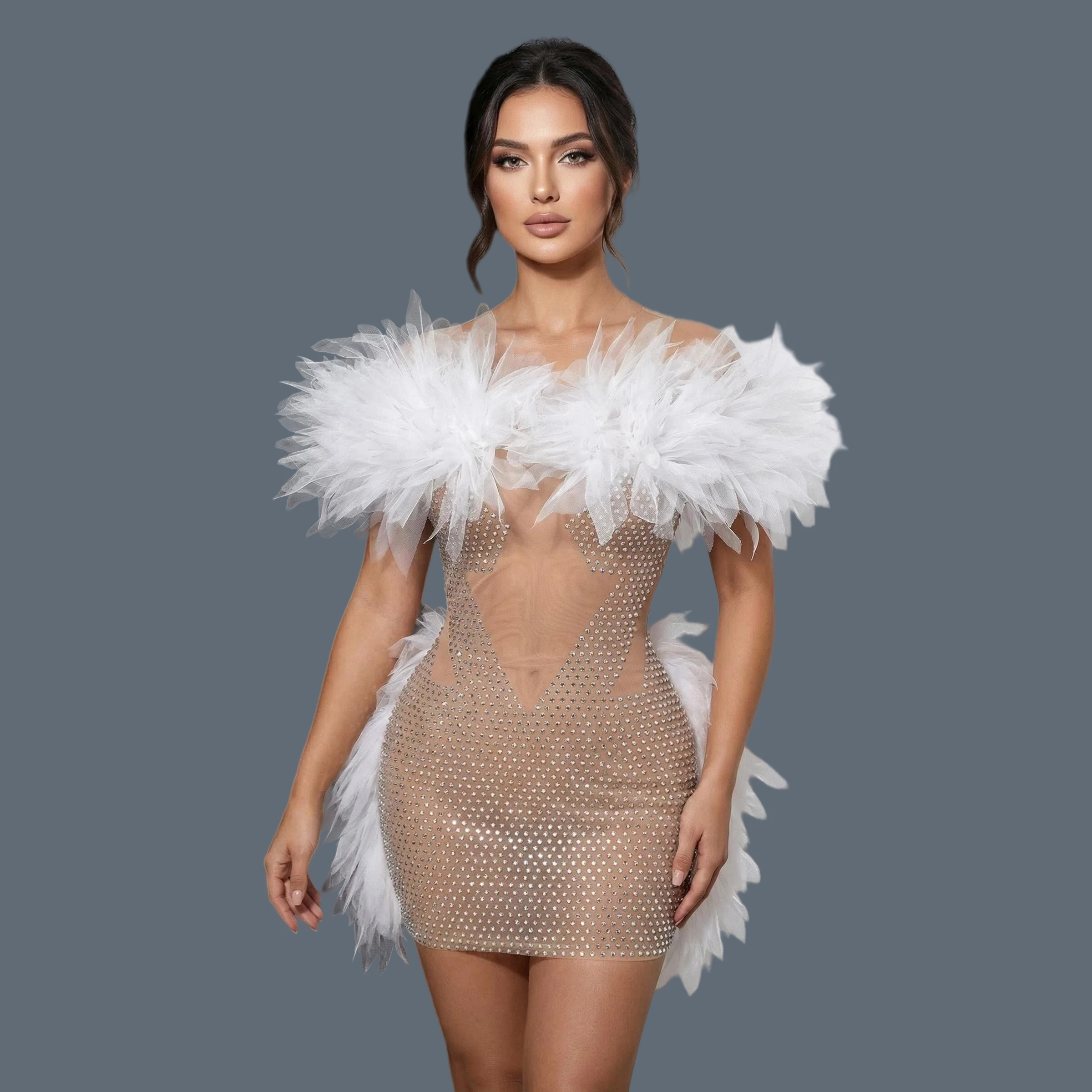 

Sexy Transparent Mesh Mini Dress White Tulle Sparkly Rhinestone Off Shoulder Cocktail Dress Night Party Evening Dress Shuimian